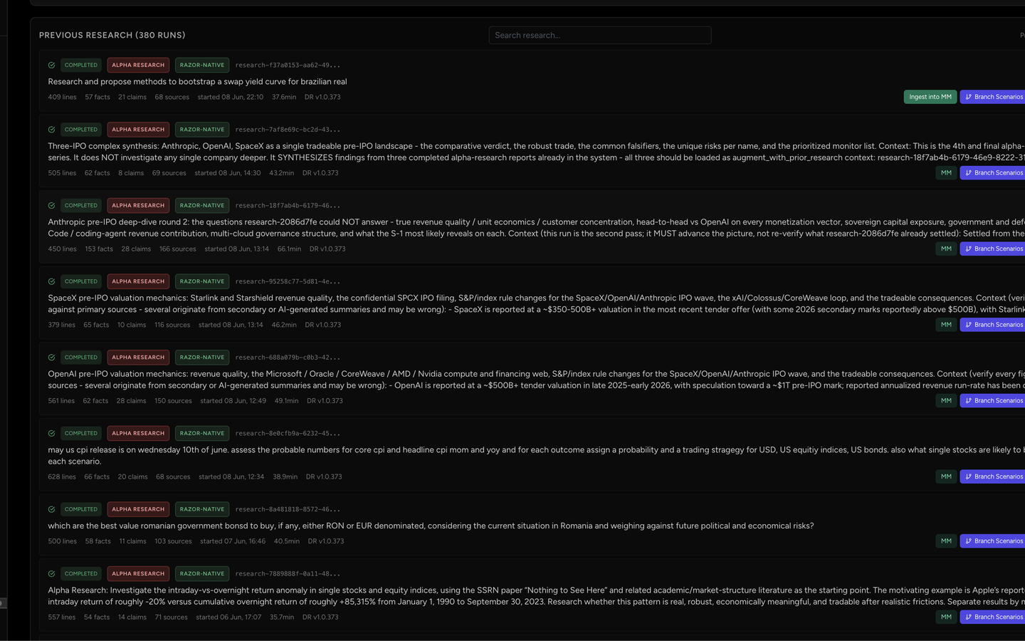 Deep research run history - hundreds of completed research runs